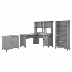 Bush Furniture Salinas 60W L-Shaped Desk with Hutch, File Cabinet & Bookcase - Cape Cod Gray