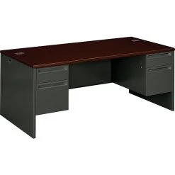 HON 38000 Series 72"W Double Pedestal Desk - Premium Mahogany/Charcoal Laminate Workspace