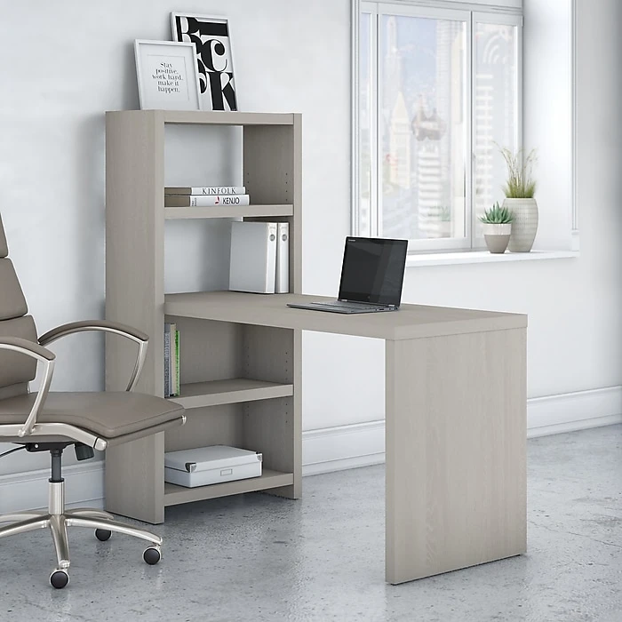 Office By Kathy Ireland® Echo 56W Bookcase Desk, Gray Sand Laminate - Space-Saving Solution (KI60207-03) 2 Office By Kathy Ireland® Echo 56W Bookcase Desk, Gray Sand Laminate - Space-Saving Solution (KI60207-03) - Image 2