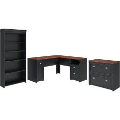 Bush Furniture Fairview 60"W L-Shaped Desk with Lateral File Cabinet & 5-Shelf Bookcase, Antique Black/Hansen Cherry – Laminate Office Furniture