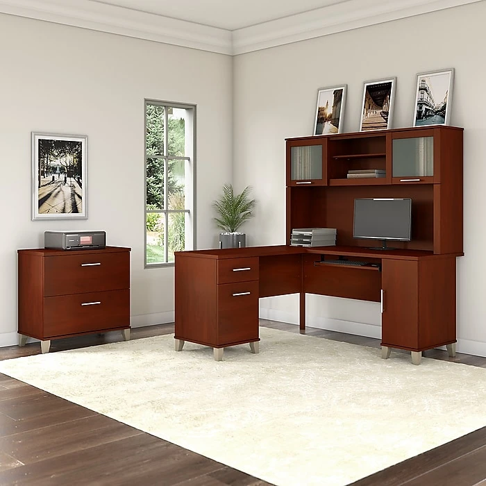 Bush Furniture Somerset 60W L Shaped Desk With Hutch And Lateral File Cabinet, Hansen Cherry (SET008HC) – Laminate Office Furniture 2 Bush Furniture Somerset 60W L Shaped Desk With Hutch And Lateral File Cabinet, Hansen Cherry (SET008HC) – Laminate Office Furniture - Image 2