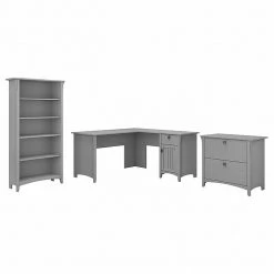 Bush Furniture Salinas 60W L-Shaped Desk with Lateral File Cabinet & 5-Shelf Bookcase, Cape Cod Gray - Stylish & Functional Laminate Office Furniture