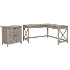 Bush Furniture Key West 60W L Shaped Desk with Lateral File Cabinet, Washed Gray - Compact & Stylish Laminate Office Desk