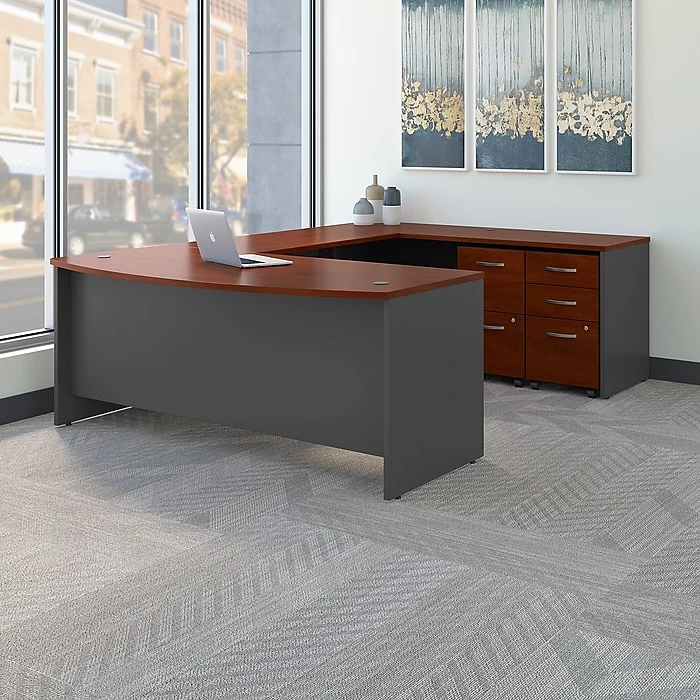Bush Business Furniture Westfield 72W x 36D Bow Front U-Shaped Desk with Mobile File Cabinets, Hansen Cherry 2 Bush Business Furniture Westfield 72W x 36D Bow Front U-Shaped Desk with Mobile File Cabinets, Hansen Cherry - Image 2