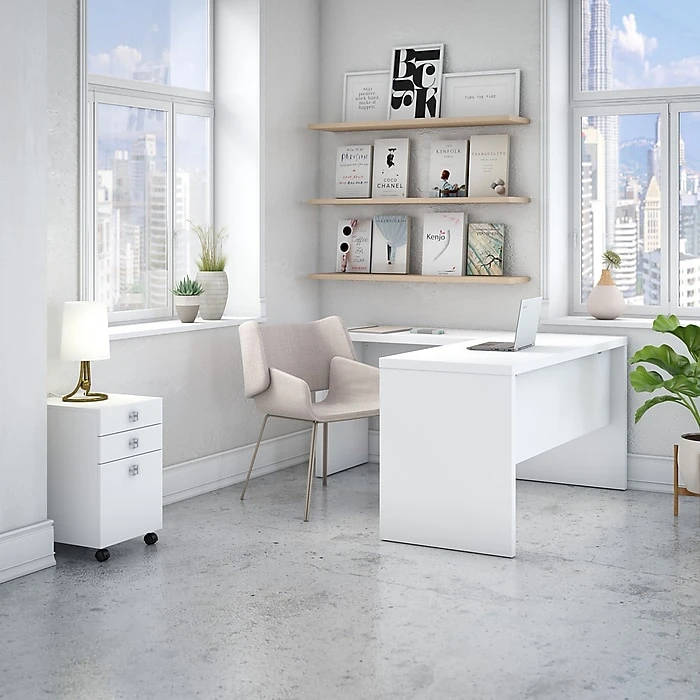 Office By Kathy Ireland® Echo L-Shaped Desk with Mobile File Cabinet, Pure White - Stylish & Functional Workspace 2 Office By Kathy Ireland® Echo L-Shaped Desk with Mobile File Cabinet, Pure White - Stylish & Functional Workspace - Image 2