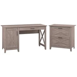 Bush Furniture Key West 54"W Single Pedestal Desk with Lateral File, Washed Gray - Modern Laminate Office Desk