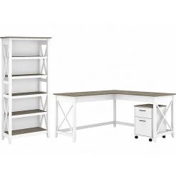 Bush Furniture Key West 60" L-Shaped Desk with Drawer & Shelf in Shiplap Gray/Pure White | Space-Saving Office Solution