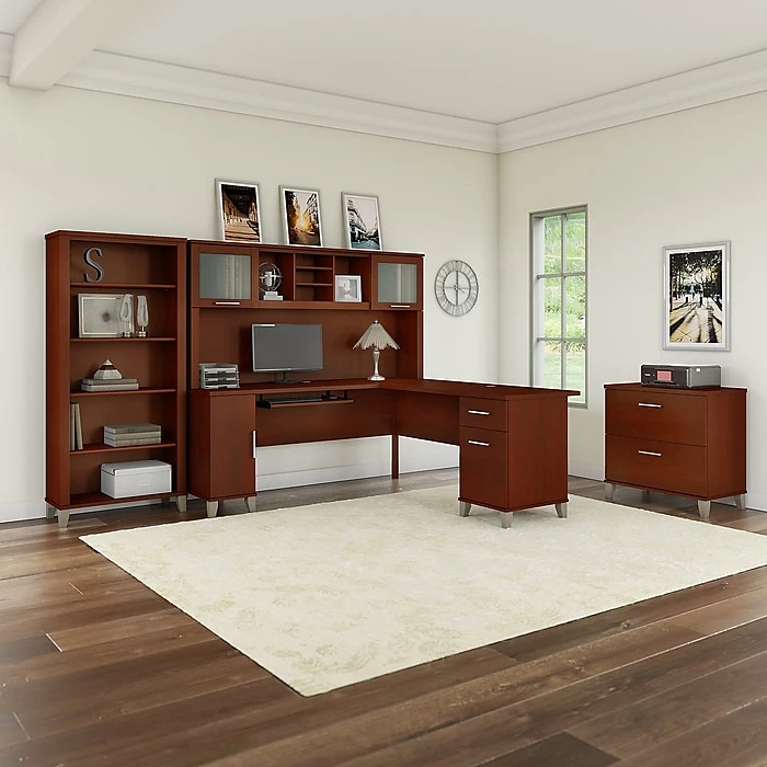Bush Furniture Somerset 72W L-Shaped Desk Set with Hutch, File Cabinet & Bookcase in Hansen Cherry 2 Bush Furniture Somerset 72W L-Shaped Desk Set with Hutch, File Cabinet & Bookcase in Hansen Cherry - Image 2