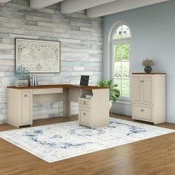 Bush Furniture Fairview 60W L-Shaped Desk with Storage Cabinet & Drawer - Antique White/Tea Maple | Space-Saving & Stylish Laminate Furniture -Computer Office Desks Shop unnamed file 1526