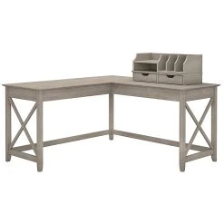 Bush Furniture Key West 60W L Shaped Desk With Desktop Organizers, Washed Gray Laminate - Compact Home Office Solution