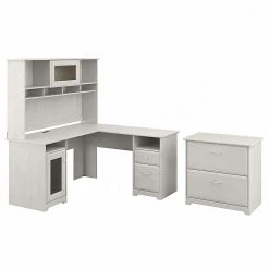 Bush Furniture Cabot 60" L-Shaped Desk with Hutch & File Cabinet, Linen White Oak (CAB005LW) - Stylish Laminate Office Furniture