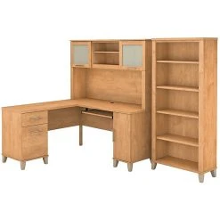 Bush Furniture Somerset 60W L-Shaped Desk with Hutch & 5-Shelf Bookcase, Maple Cross – Stylish & Functional Workspace Solution