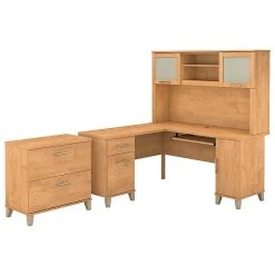 Bush Furniture Somerset 60W L-Shaped Desk with Hutch & Lateral File Cabinet, Maple Cross – Durable Laminate Office Furniture