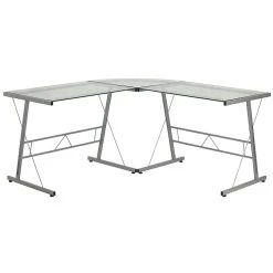 Flash Furniture 84" L-Shape Glass Computer Desk - Clear/Silver (NANCD22181) | Modern Office Desk with Sleek Design