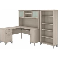 Bush Furniture Somerset 60" L-Shaped Desk with Hutch & 5-Shelf Bookcase, Sand Oak (SET010SO) - Stylish & Functional Laminate Office Furniture