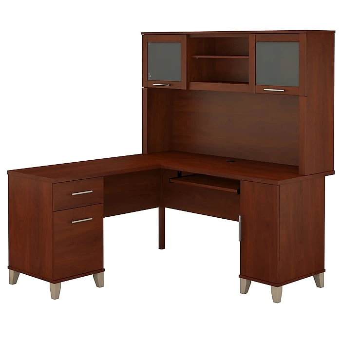 Bush Furniture Somerset 60W L-Shaped Desk with Hutch, Hansen Cherry (SET002HC) - Space-Saving Laminate Office Furniture 1 Bush Furniture Somerset 60W L-Shaped Desk with Hutch, Hansen Cherry (SET002HC) - Space-Saving Laminate Office Furniture