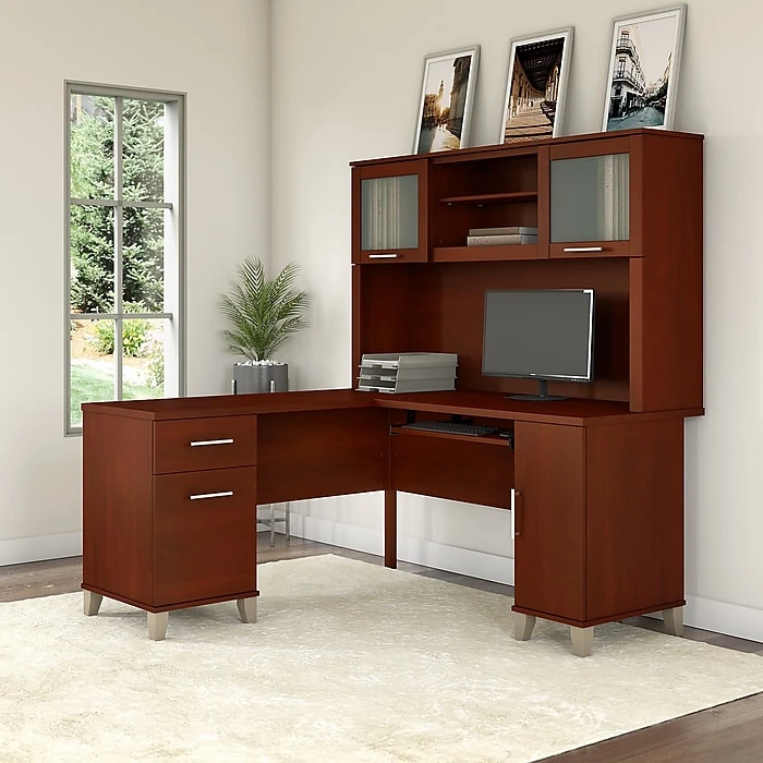 Bush Furniture Somerset 60W L-Shaped Desk with Hutch, Hansen Cherry (SET002HC) - Space-Saving Laminate Office Furniture 2 Bush Furniture Somerset 60W L-Shaped Desk with Hutch, Hansen Cherry (SET002HC) - Space-Saving Laminate Office Furniture - Image 2