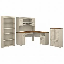 Bush Furniture Fairview 60W L-Shaped Desk with Hutch & Storage Cabinet | Antique White | Laminate