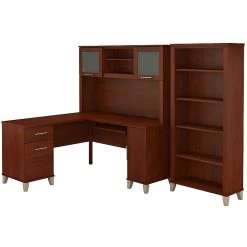 Bush Furniture Somerset 60W L-Shaped Desk with Hutch & 5-Shelf Bookcase, Hansen Cherry - Space-Saving Office Furniture