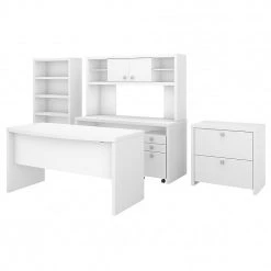 Kathy Ireland® Echo Bow Front Office Desk with Hutch, Bookcase, and File Cabinets - Pure White