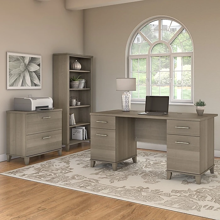 Bush Furniture Somerset 60W Office Desk with Lateral File Cabinet and 5-Shelf Bookcase - Ash Gray (SET013AG) 2 Bush Furniture Somerset 60W Office Desk with Lateral File Cabinet and 5-Shelf Bookcase - Ash Gray (SET013AG) - Image 2