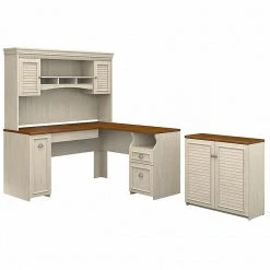 Bush Furniture Fairview 60W L-Shaped Desk with Hutch & Storage Cabinet - Antique White/Tea Maple - Durable Laminate Workspace