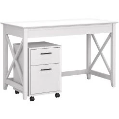 Bush Furniture Key West 48" Writing Desk with 2-Drawer Mobile File Cabinet, Pure White Oak - Modern Laminate Office Desk