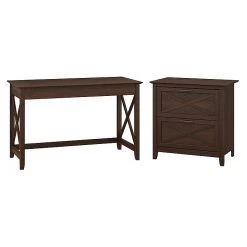 Bush Furniture Key West 48W Writing Desk with 2 Drawer Lateral File Cabinet - Bing Cherry Laminate Finish