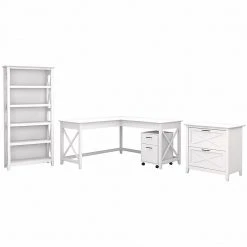 Bush Furniture Key West 60" L-Shaped Desk with File Cabinets & 5-Shelf Bookcase, Pure White Oak - Modern Office Furniture