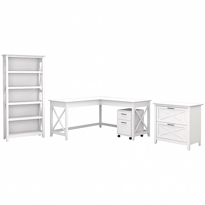 Bush Furniture Key West 60" L-Shaped Desk with File Cabinets & 5-Shelf Bookcase, Pure White Oak - Modern Office Furniture 1 Bush Furniture Key West 60" L-Shaped Desk with File Cabinets & 5-Shelf Bookcase, Pure White Oak - Modern Office Furniture