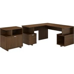 Kathy Ireland® Home by Bush Furniture Madison Avenue 60" L-Shaped Desk with Lateral File Cabinet, Modern Walnut (MDS005MW) - Stylish Laminate Office Furniture