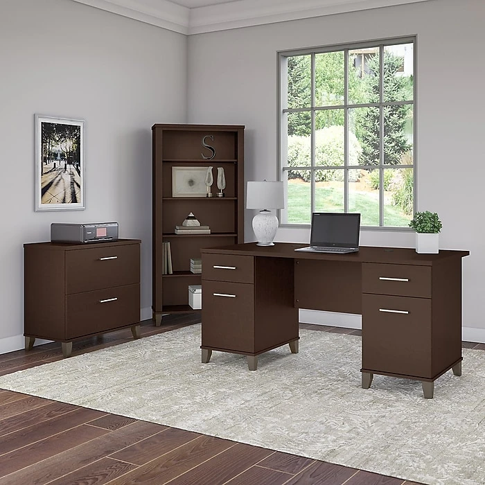 Bush Furniture Somerset 60W Office Desk with Lateral File Cabinet and 5-Shelf Bookcase - Mocha Cherry (SET013MR) 2 Bush Furniture Somerset 60W Office Desk with Lateral File Cabinet and 5-Shelf Bookcase - Mocha Cherry (SET013MR) - Image 2