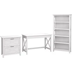 Bush Furniture Key West 48" Writing Desk with 2-Drawer File Cabinet & 5-Shelf Bookcase, Pure White Oak | Stylish Laminate Office Furniture