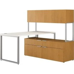 HON VOI® Bundle Solutions Small Footprint L-Station Desk With Low Credenza And Hutch, Harvest/Silver Mesh, 60" X 60"