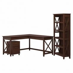 Bush Furniture Key West 60"W L-Shaped Desk with 2-Drawer Mobile File Cabinet & 5-Shelf Bookcase - Bing Cherry | Laminate Home Office Furniture