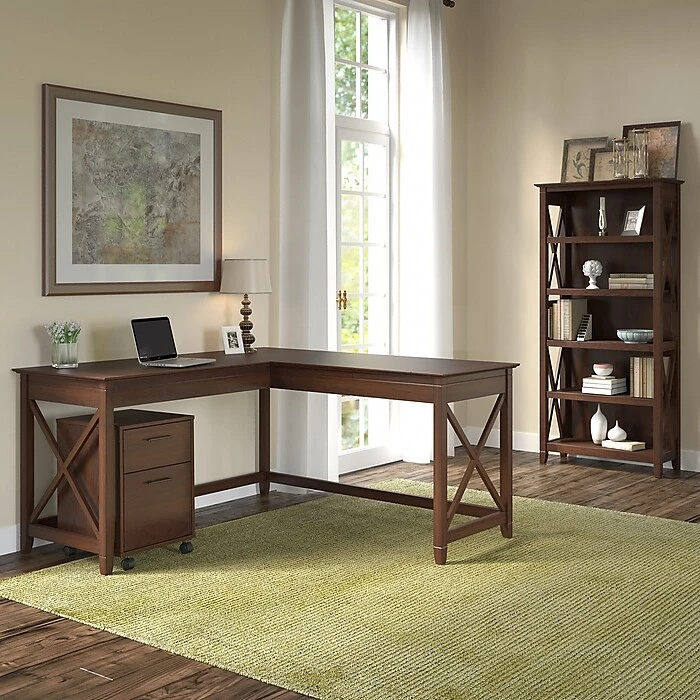 Bush Furniture Key West 60"W L-Shaped Desk with 2-Drawer Mobile File Cabinet & 5-Shelf Bookcase - Bing Cherry | Laminate Home Office Furniture 2 Bush Furniture Key West 60"W L-Shaped Desk with 2-Drawer Mobile File Cabinet & 5-Shelf Bookcase - Bing Cherry | Laminate Home Office Furniture - Image 2