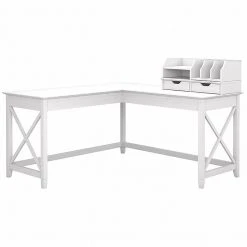 Bush Furniture Key West 60W L-Shaped Desk with Desktop Organizers - Pure White Oak (KWS015WT)