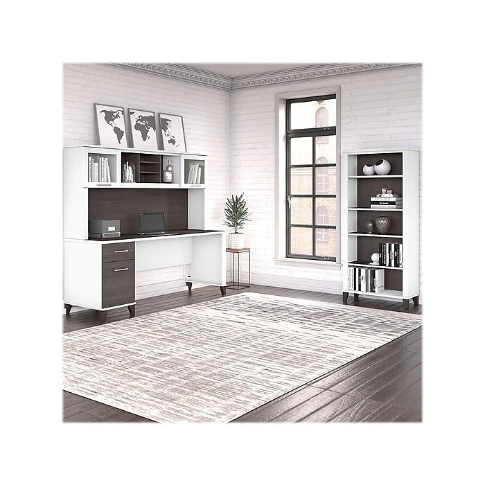 Bush Furniture Somerset 72" Computer Desk With Hutch & 5-Shelf Bookcase, Storm Gray/White - Space-Saving Office Furniture 2 Bush Furniture Somerset 72" Computer Desk With Hutch & 5-Shelf Bookcase, Storm Gray/White - Space-Saving Office Furniture - Image 2