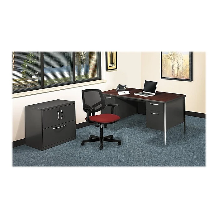 HON Mentor 60" Double Pedestal Desk - Mahogany/Charclair | Durable Laminate Office Furniture (HON88962NS) 3 HON Mentor 60" Double Pedestal Desk - Mahogany/Charclair | Durable Laminate Office Furniture (HON88962NS) - Image 3