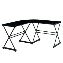 Techni Mobili Black L-Shaped Glass Top Computer Corner Desk (RTA-3805L-BK) - Modern Office Furniture