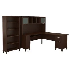 Bush Furniture Somerset 72W L-Shaped Desk with Hutch and 5-Shelf Bookcase in Mocha Cherry (SET011MR) | Durable Laminate Workstation