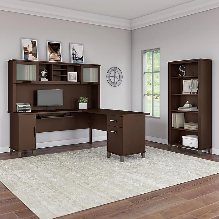 Bush Furniture Somerset 72W L-Shaped Desk with Hutch and 5-Shelf Bookcase in Mocha Cherry (SET011MR) | Durable Laminate Workstation 2 Bush Furniture Somerset 72W L-Shaped Desk with Hutch and 5-Shelf Bookcase in Mocha Cherry (SET011MR) | Durable Laminate Workstation - Image 2