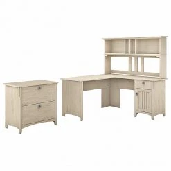 Bush Furniture Salinas 60W L-Shaped Desk with Hutch and Lateral File Cabinet, Antique White (SAL005AW) - Durable Laminate Workspace