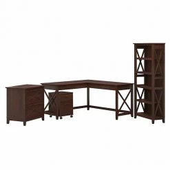 Bush Furniture Key West 60" L-Shaped Desk With File Cabinets And 5-Shelf Bookcase, Bing Cherry (KWS017BC)