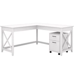 Bush Furniture Key West 60"W L-Shaped Desk with 2-Drawer Mobile File Cabinet, Pure White Oak - Stylish & Functional Office Furniture