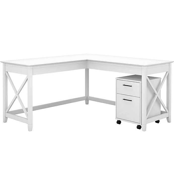 Bush Furniture Key West 60"W L-Shaped Desk with 2-Drawer Mobile File Cabinet, Pure White Oak - Stylish & Functional Office Furniture 1 Bush Furniture Key West 60"W L-Shaped Desk with 2-Drawer Mobile File Cabinet, Pure White Oak - Stylish & Functional Office Furniture