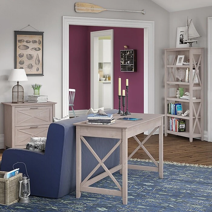 Bush Furniture Key West 48W Writing Desk with 2-Drawer File Cabinet & 5-Shelf Bookcase, Washed Gray - Laminate Office Desk 2 Bush Furniture Key West 48W Writing Desk with 2-Drawer File Cabinet & 5-Shelf Bookcase, Washed Gray - Laminate Office Desk - Image 2