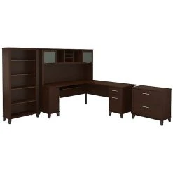 Bush Furniture Somerset 72W L-Shaped Desk with Hutch, Lateral File Cabinet & Bookcase in Mocha Cherry - Space-Saving Office Furniture