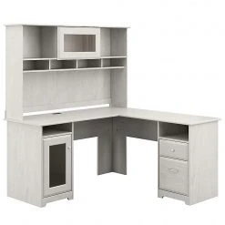 Bush Furniture Cabot 59" L-Shaped Desk with Hutch - Space-Saving Laminate Design in Linen White Oak (CAB001LW)