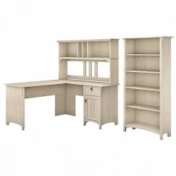 Bush Furniture Salinas 60W L-Shaped Desk with Hutch & 5-Shelf Bookcase - Antique White (SAL006AW) | Laminate Office Furniture